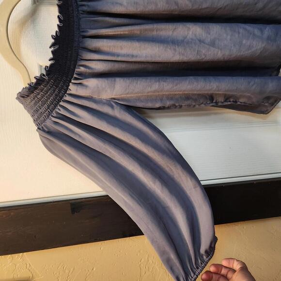 American Eagle Smocked Off-The-Shoulder Satin Top - Dusty Blue- Size Small - Picture 6 of 8